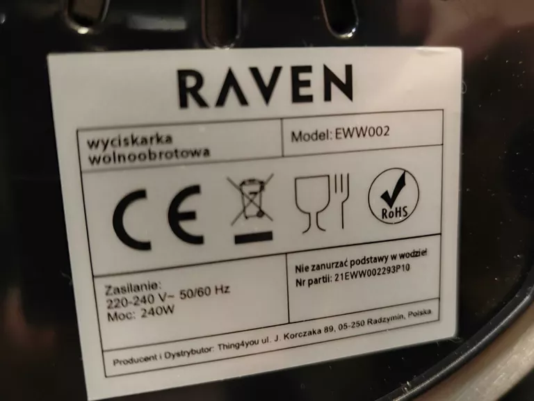 WYCISKARKA WOLNOOBROTOWA RAVEN EWW002X ZESTAW !!