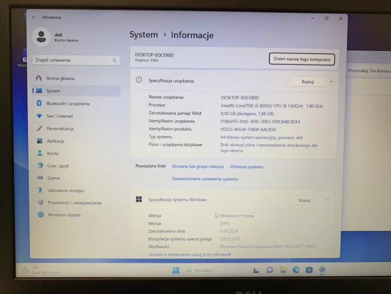 LAPTOP DELL INSPIRON 15-3583 I5-8265U 8GB 256SSD