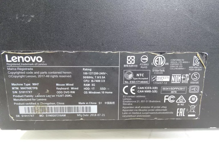 LENOVO LEGION Y520T-25IKL I5-7400 GTX 1080 8 GB 1TB HDD 500GB SSD