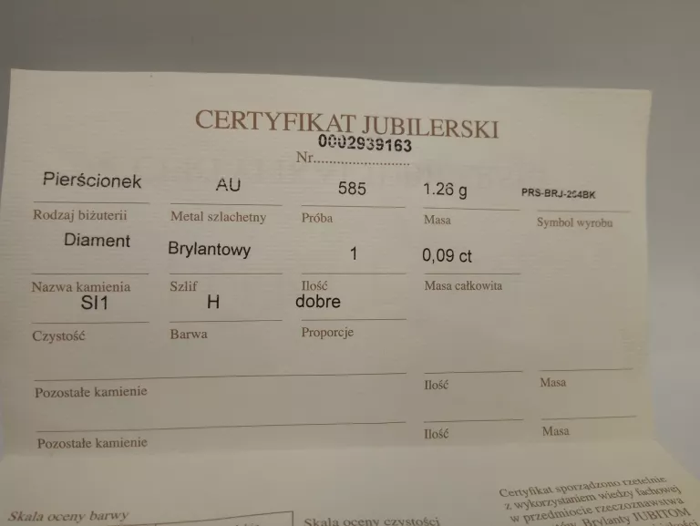 ZŁOTY PIERŚCIONEK Z BRYLANTEM JUBITOM 0,09CT SI1 585 1,27G R12 CERTYFIKAT