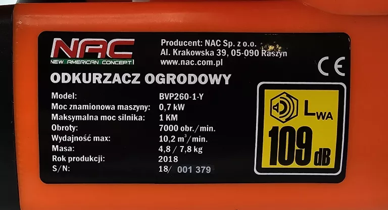 NAC DMUCHAWA SPALINOWA ODKURZACZ DO LIŚCI Z ROZDRABNIACZEM 3W1 BVP260-1-Y