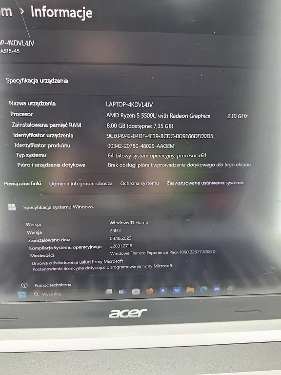 LAPTOP ACER ASPIRE 5 A515-45 15.6" IPS R5-5500U 8GB RAM 512GB SSD