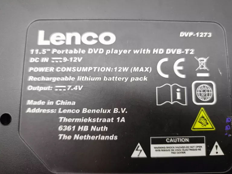 PRZENOŚNY ODTWARZACZ DVD LENCO DVP-1273 + ZASILACZ
