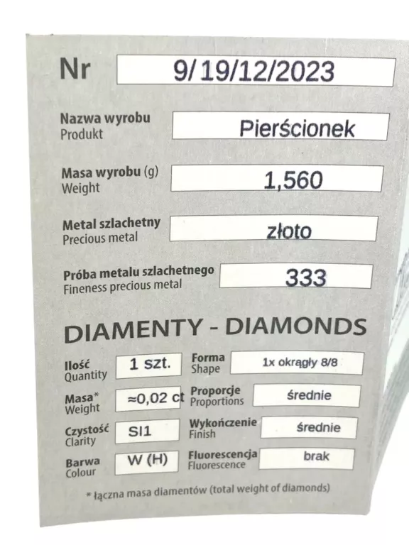 ZŁOTY PIERŚCIONEK Z DIAMENTEM 1.56G 333