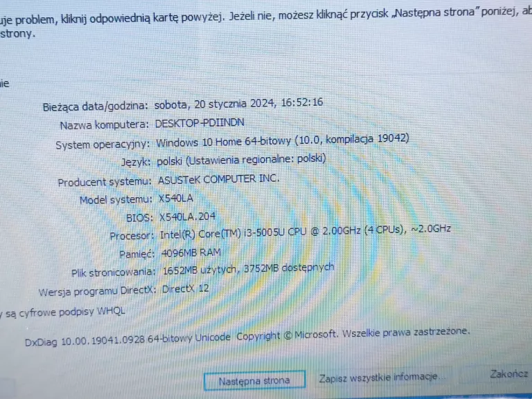 LAPTOP ASUS X540LA INTEL I3-5005U 4GB 1TB WIN10 OPIS