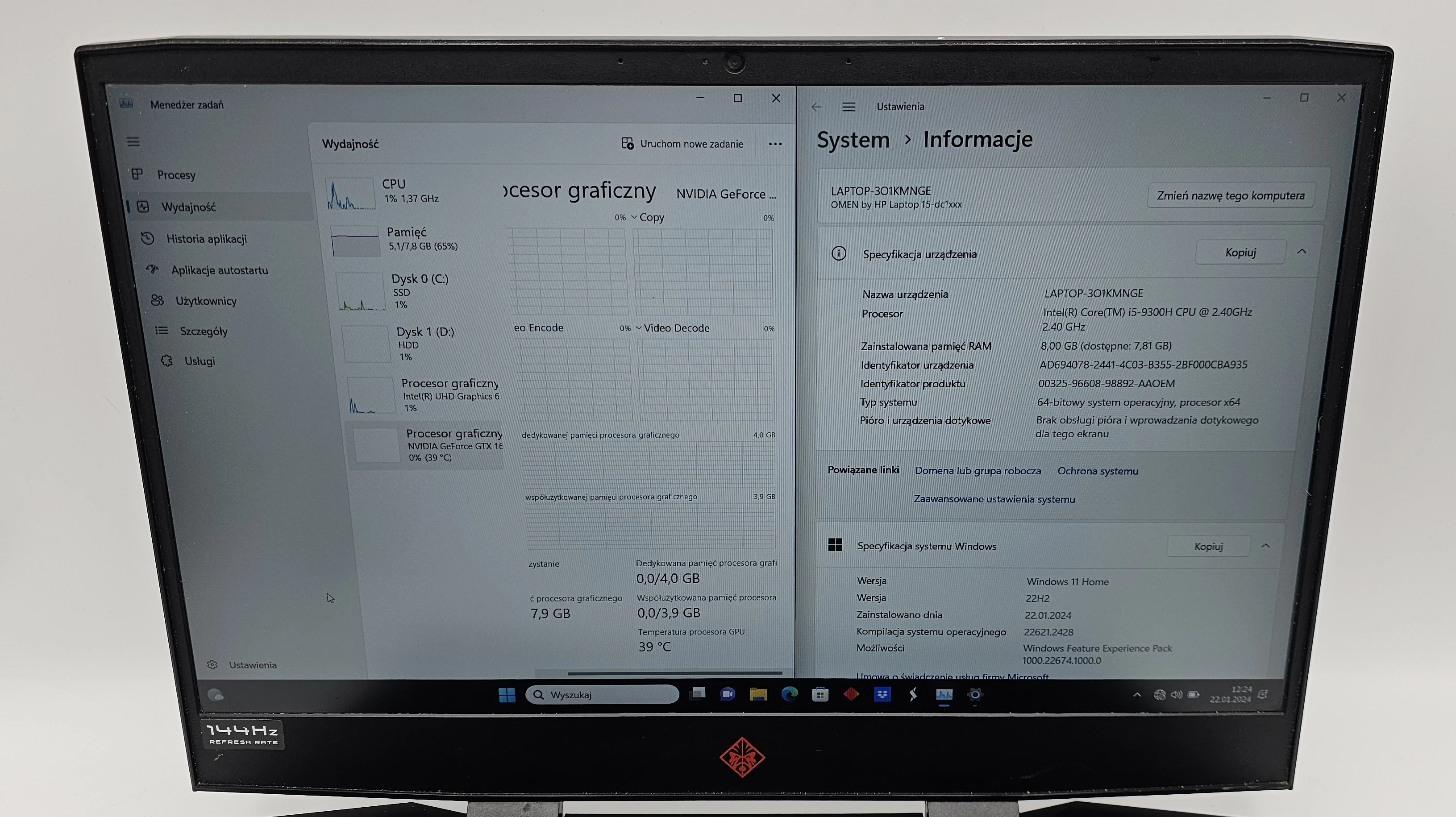 hp-omen-15-i5-9300h-8gb-256gbssd-1-tb-hdd-gtx1650-4gb-win11h-zasilacz-stan-uzywany