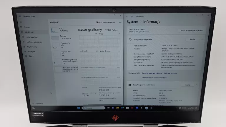 HP OMEN 15 I5-9300H 8GB 256GBSSD 1 TB HDD GTX1650 4GB WIN11H + ZASILACZ
