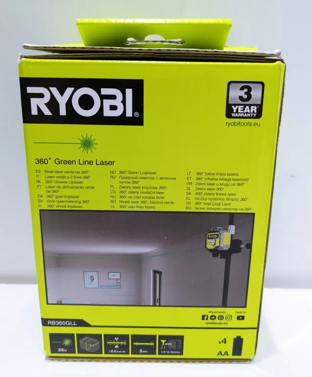 LASER LINIOWY KRZYŻOWY ZIELONY PŁASZCZYZNOWY 25M 3D 360 RYOBI RB360GLL