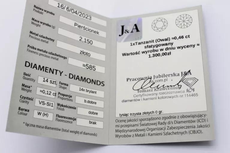 ZŁOTYY PIERŚCIONEK 14 BRYLATÓW+TANZANIT ROZM.10 CERTYFIKAT