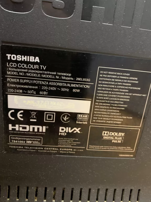 TELEWIZOR LED TOSHIBA 26EL933G 26" BEZ PILOTA