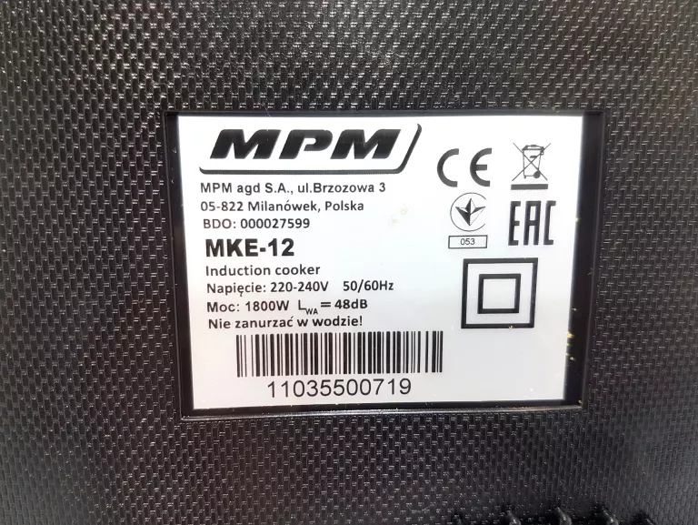 KUCHENKA INDUKCYJNA JEDNOPALNIKOWA MPM MKE-12