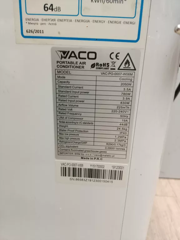 KLIMATYZATOR PRZENOŚNY VACO VAC-PO-0007-W06M + RURA + PILOT