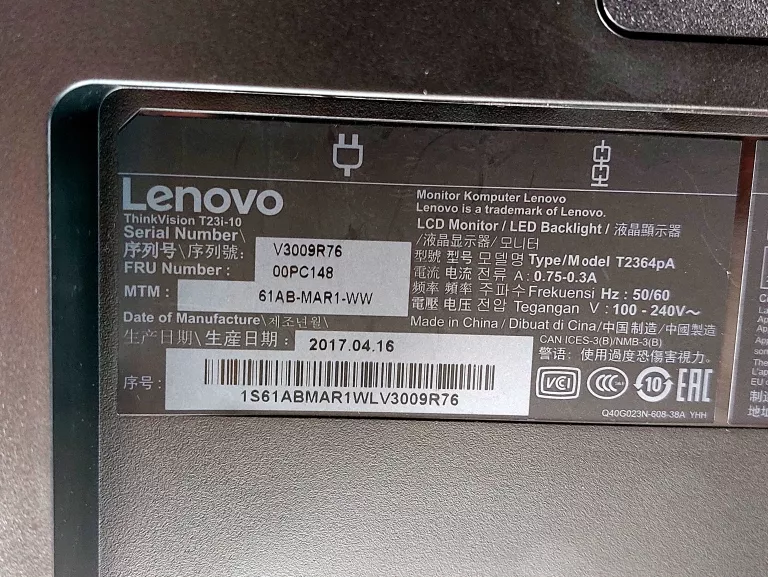 MONITOR LENOVO THINKVISION T23I-10 LED IPS/PLS 23'' 1920 X 1080 FULL HD
