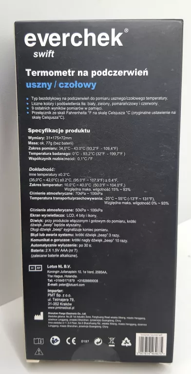 TERMOMETR NA PODCZERWIEŃ USZNY / CZOŁOWY EVERCHEK SWIFT