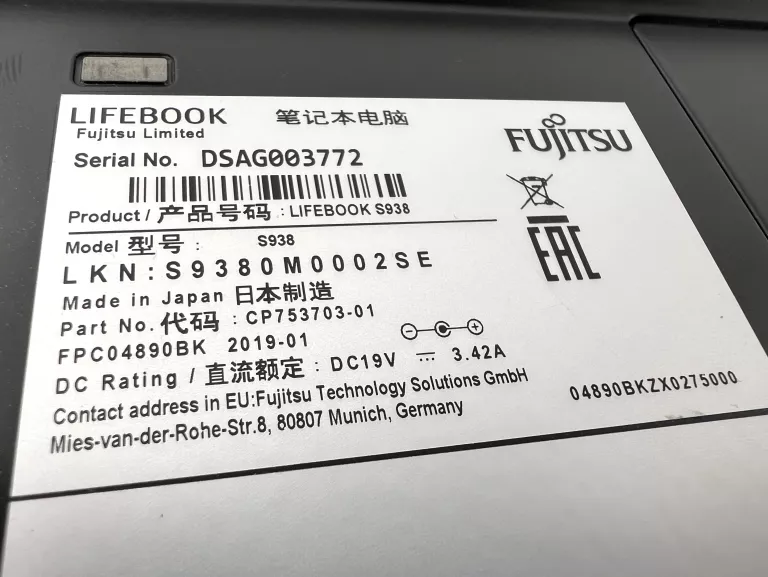 LAPTOP FUJITSU LIFEBOOK S938 I7-8650U / 8 GB / 512 GB SSD