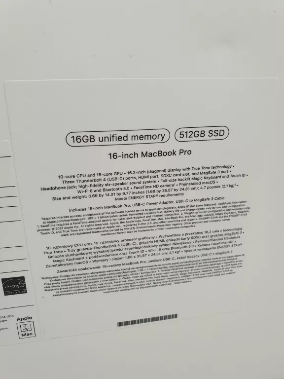 LAPTOP APPLE MACBOOK PRO M1 16-INCH  A2485 GWARANCJA