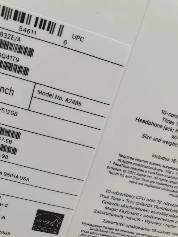 LAPTOP APPLE MACBOOK PRO M1 16-INCH  A2485 GWARANCJA