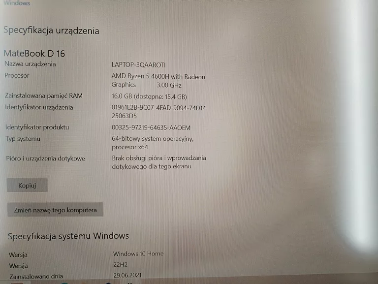 LAPTOP HUAWEI MATEBOOK D16 AMD RYZEN 5 512SSD16GB RADEON