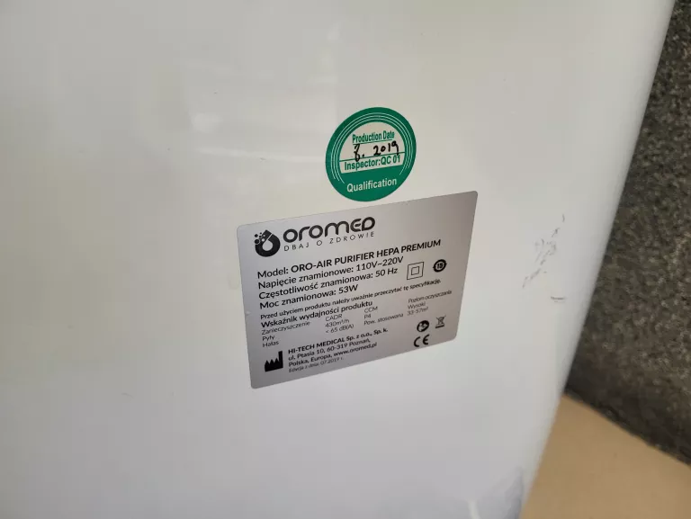 OCZYSZCZACZ POWIETRZA OROMED ORO-AIR PURIFIER HEPA PREMIUM GWAR