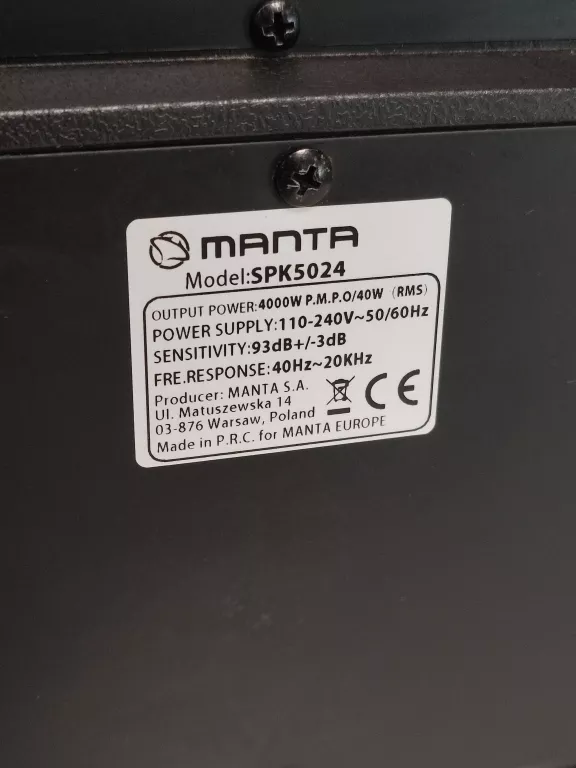 GŁOŚNIK POWER AUDIO MANTA SPK5024 KRONOS 40W BLUETOOTH RADIO FM CZARNY