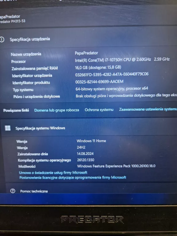 LAPTOP PREDATOR HELIOS 300 PH315-53-73QQ * OPIS *