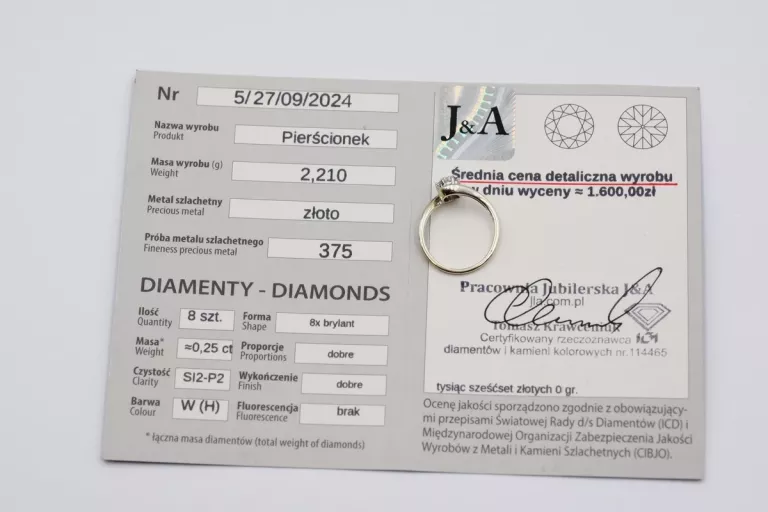 PIĘKNY ZŁOTY PIERŚCIONEK [375] 2,22G R.13 DIAMENTY 0,25CT