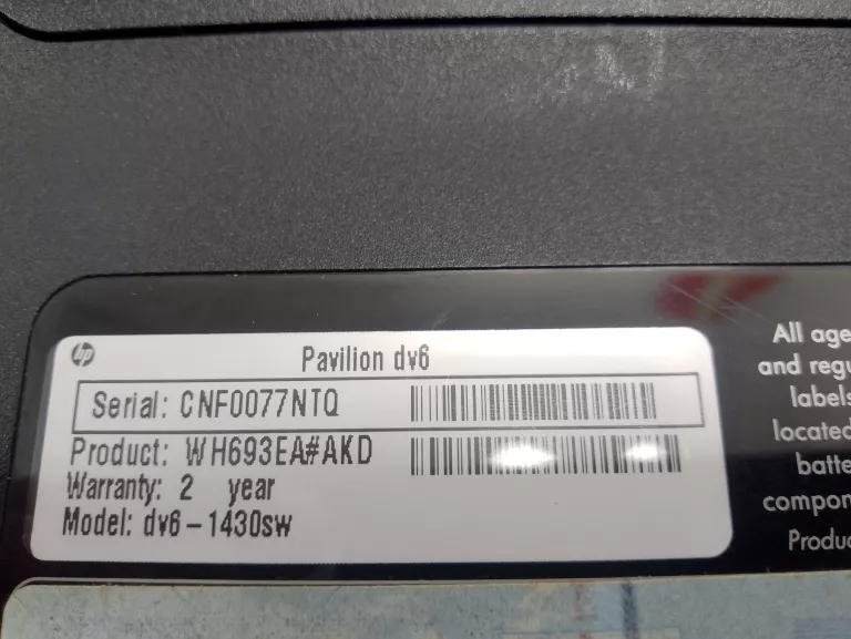 LAPTOP HP PAVILION INTEL(R) CORE(TM)2 DUO CPU T6600 4GB/SSD120GB 15,6"