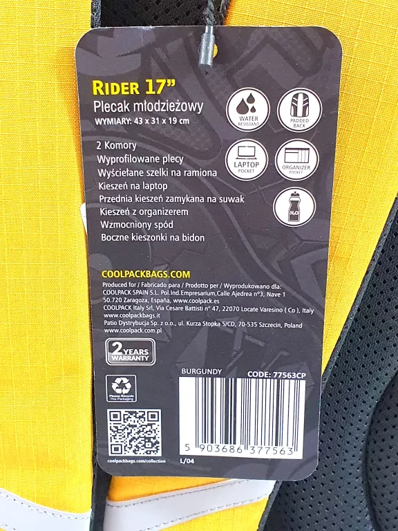 PLECAK MŁODZIEŻOWY COOLPACK RIDER 17" 2 KOMORY WZMOCNIONY SPÓD ŻÓŁTO-SZARY