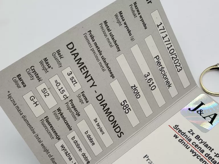 NIEZWYKŁY ZŁOTY PIERŚCIONEK 585 3,61G Z BRYLANTAMI 0,15CT