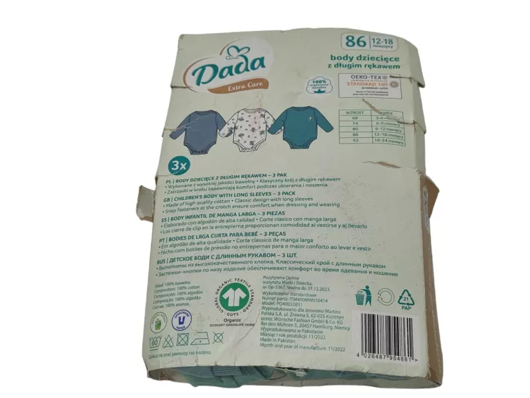 3-PAK DADA BODY NIEMOWLĘCE 12-18 M. Z DŁUGIM RĘKAWEM R. 86