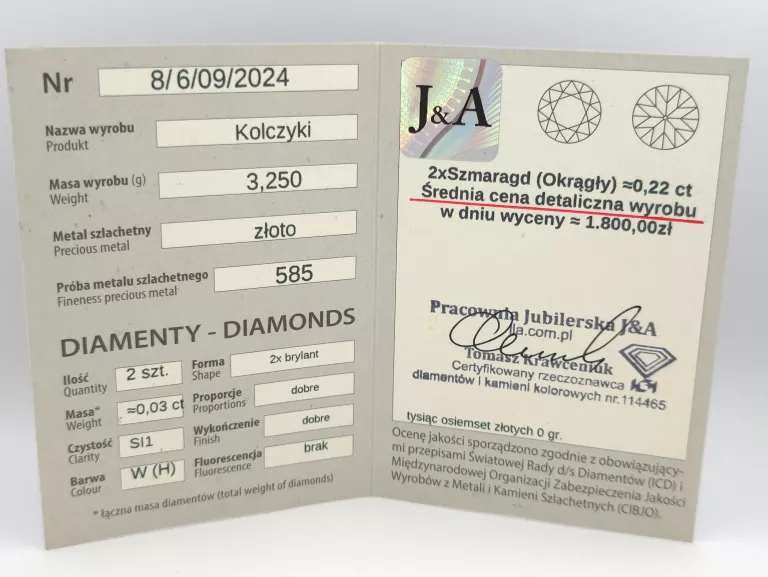 ZŁOTE KOLCZYKI SZMARAGDY I DIAMENTY - 585 14K 3,25G
