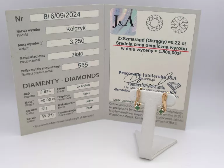 ZŁOTE KOLCZYKI SZMARAGDY I DIAMENTY - 585 14K 3,25G