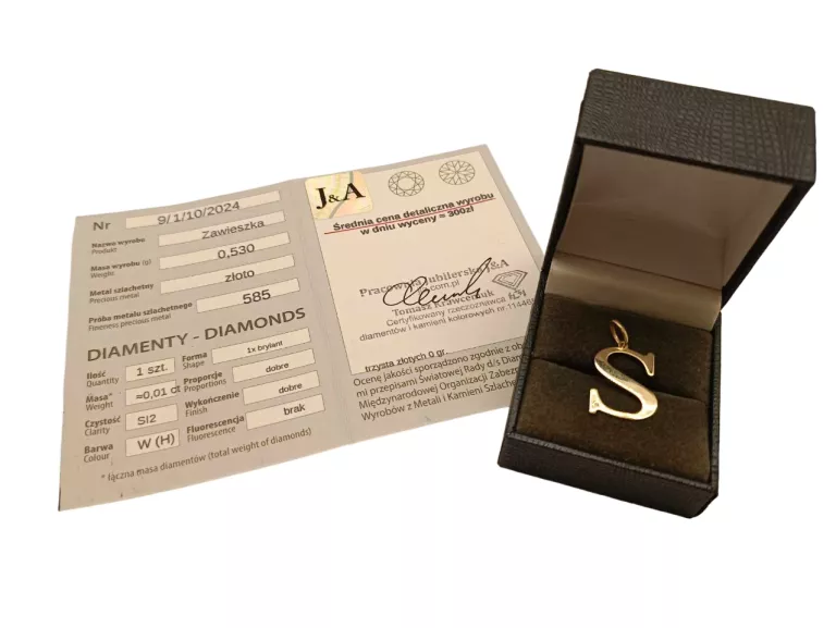 ZŁOTY WISIOREK LITERKA S Z BRYLANTEM PR.585 0,01 CT CERTYFIKAT