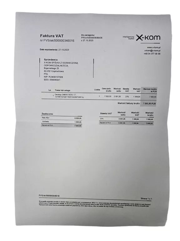 KOMUTER STACJONARNY G4M3R HERO I7-13700F 32GB 1TB RTX4060TI W11 +GW 27.10.