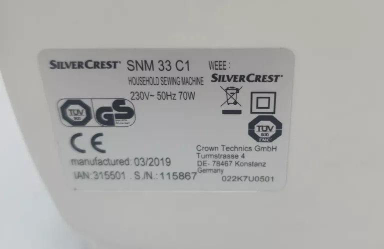 MASZYNA DO SZYCIA SILVERCREST SNM 33 C1 + PEDAŁ