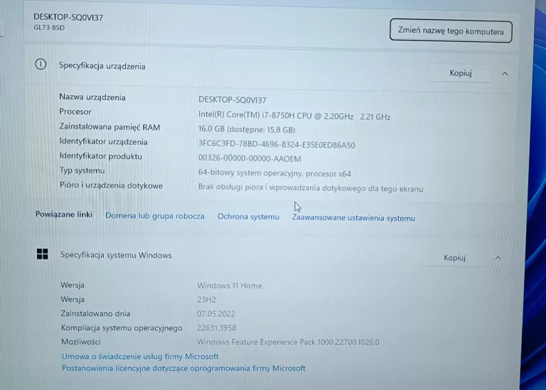 LAPTOP MSI GL73 85D I7-8 16GB GTX 1660 TI