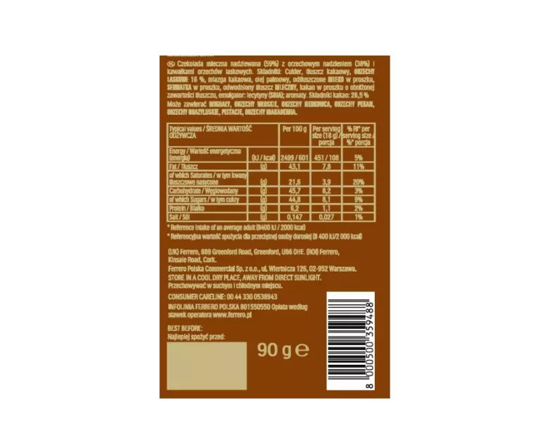 CZEKOLADA MLECZNA Z ORZECHAMI FERRERO ROCHER ORIGINAL 90 G