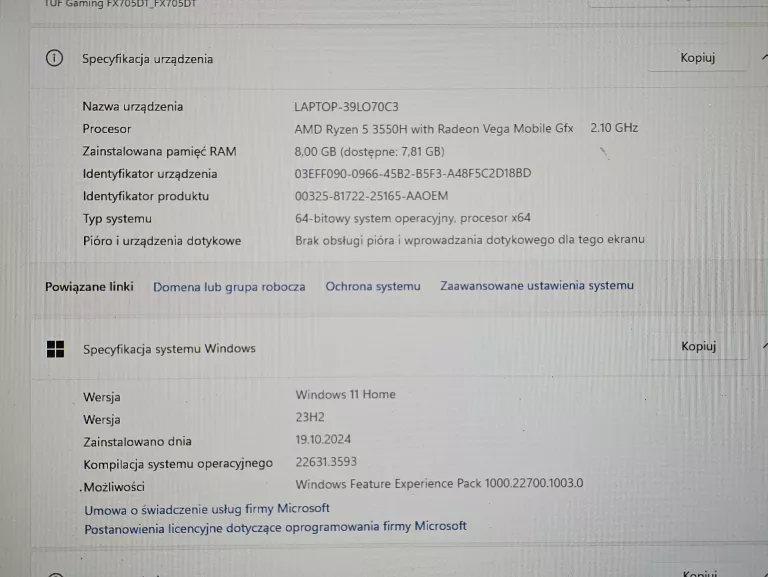 LAPTOP ASUS TUF GAMING FX705D KOMPLET