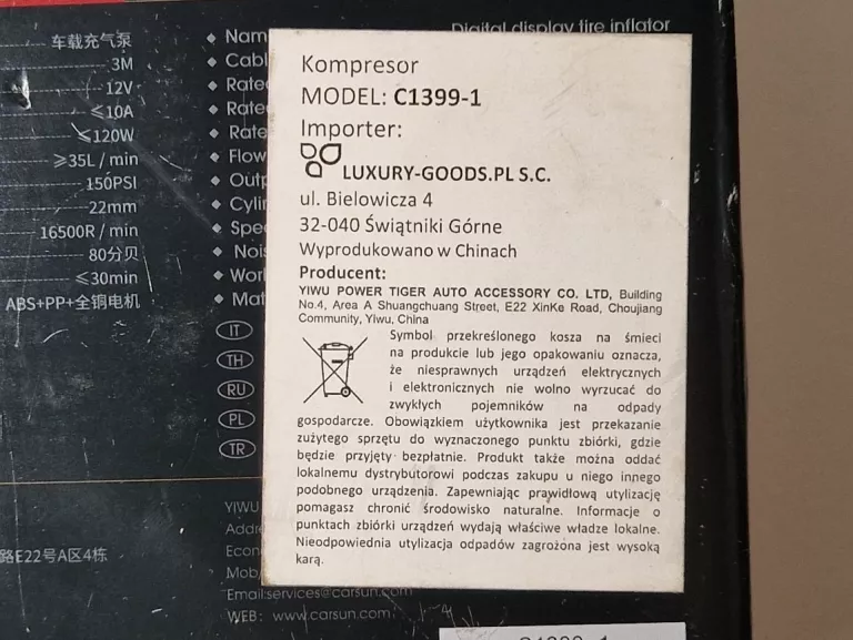 KOMPRESOR SAMOCHODOWY CARSUN C1399-1 12 V