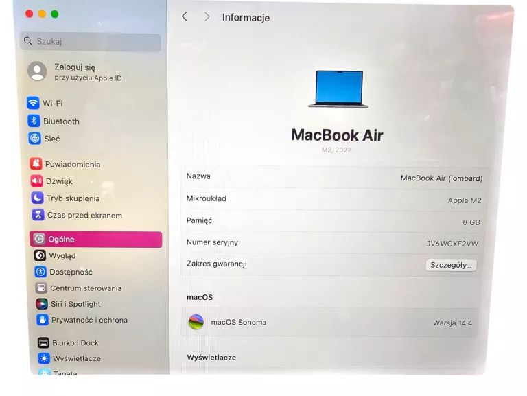 MACBOOK AIR 13.6" M2 , 8GB RAM , 256GB SSD //KOMPLET/ GWARANCJA 08,2025