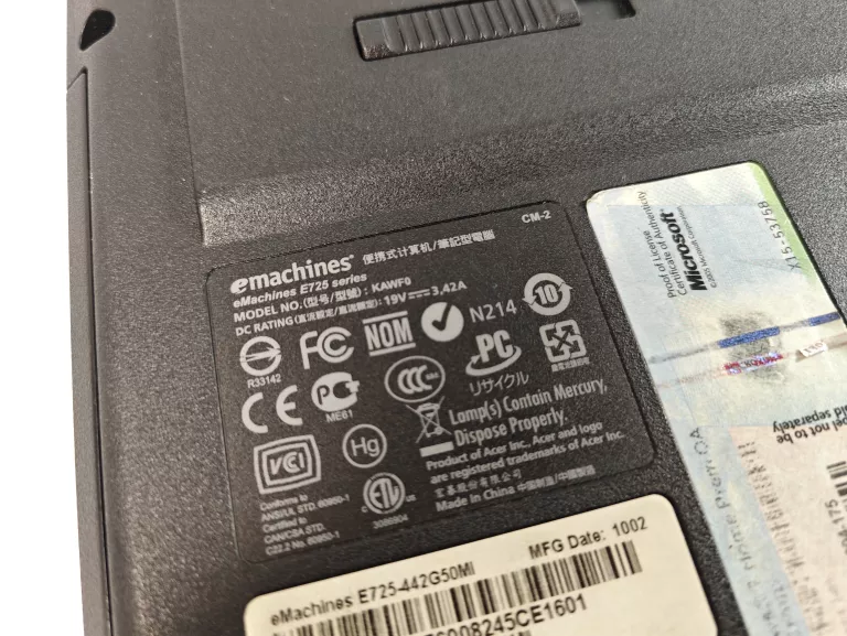 LAPTOP ACER EMACHINES E725, ŁADOWARKA, TORBA