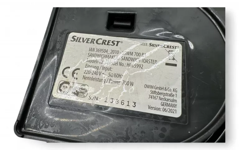 OPIEKACZ DO KANAPEK SANDWICH SILVERCREST SSWM 700 B1 CZARNY