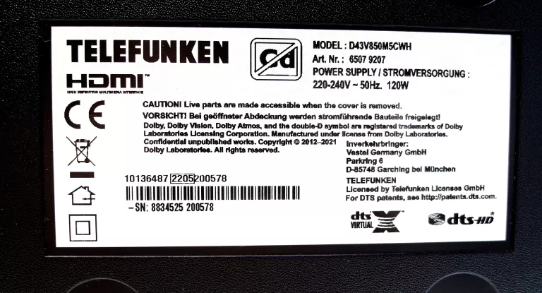 SMART TV 43 TELEFUNKEN DVB-T2/S2 4K HDR BEZRAMKOWY