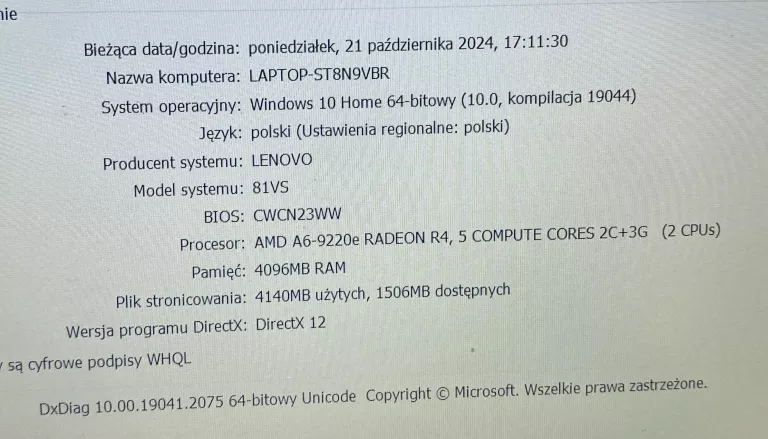 LAPTOP LENOVO IDEAPAD SLIM 1-14AST-05 /WIN10/4GB RAM/256GB/AMD A6-9220E R4