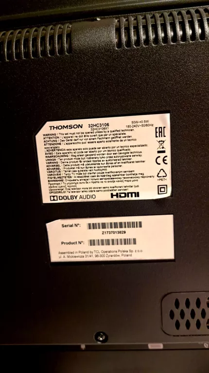 TELEWIZOR 32HC3106 THOMSON USZKODZONA MATRYCA !