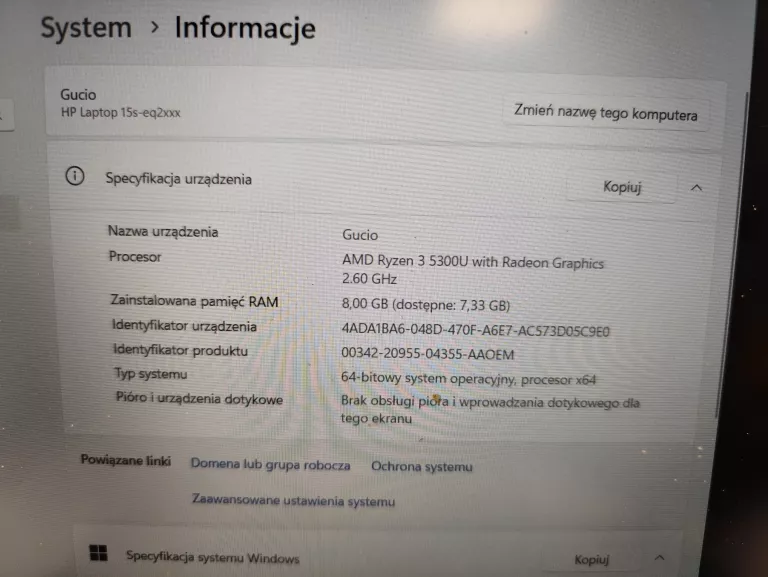 LAPTOP  HP 15S-EQ2XXX AMD RYZEN 3 8/500GB+ ZASILACZ