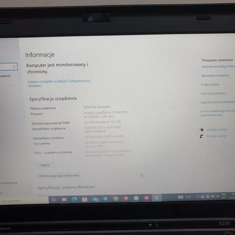 LAPTOP LENOVO THINKPAD X230 INTEL CORE I5 16 GB RAM WIN 10 PRO