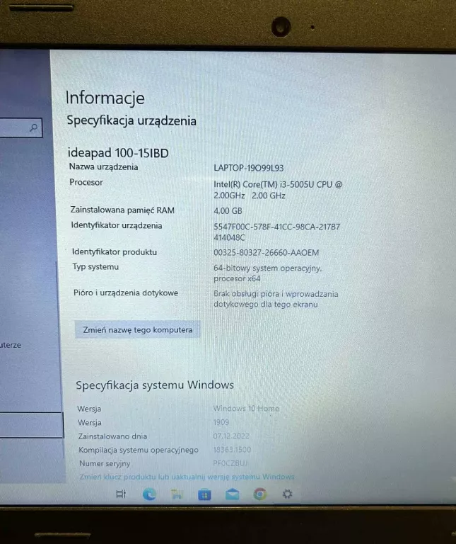 LAPTOP LENOVO 100-15IBD INTEL CORE I3-5005U CPU , RAM 4GB , WINDOWS 10