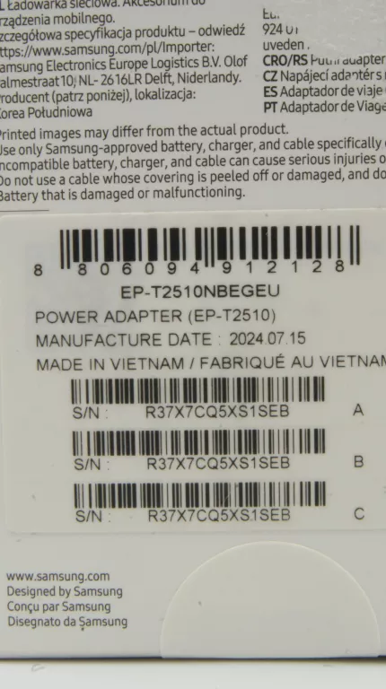 ŁADOWARKA SIECIOWA SAMSUNG USB TYP C DO SAMSUNG 3000 MA 5 V EP-T2510NBEGEU