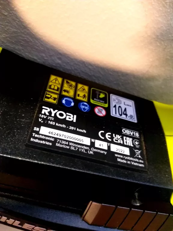 RYOBI DMUCHAWA ODKURZACZ AKUMULATOROWA Z ROZDRABNIACZEM OBV18 18V AKU ŁAD